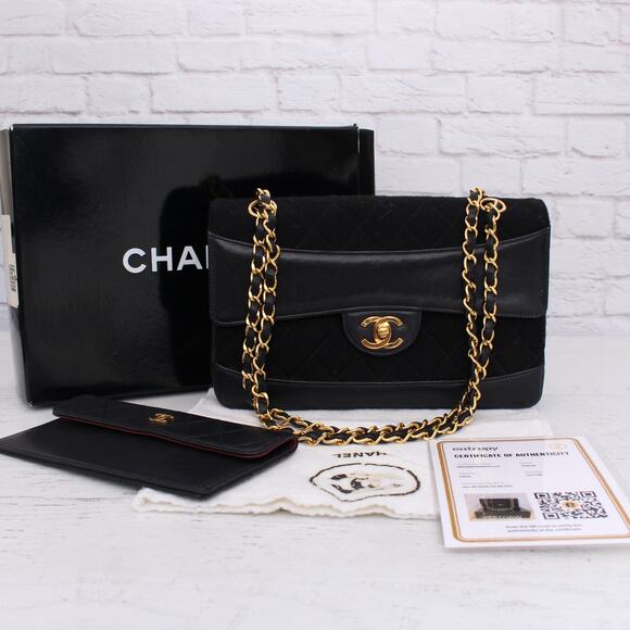 Chanel Single Flap Black Jersey and Lambskin Leather Shoulder Bag Purse A3112 - Picture 1 of 12